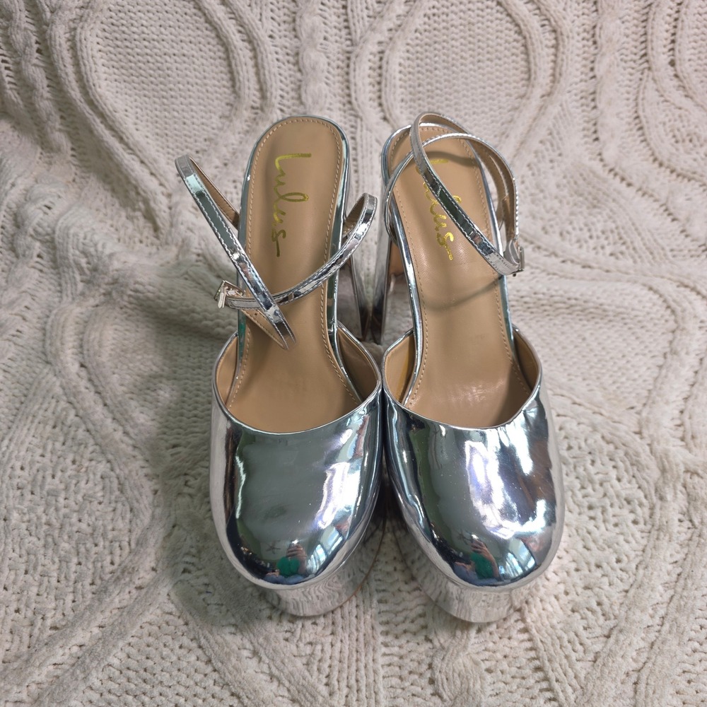 Lulus Platform Heels‎ Silver Metallic Ankle Strap Pumps Womens 8.5 Excellent - Picture 4 of 8